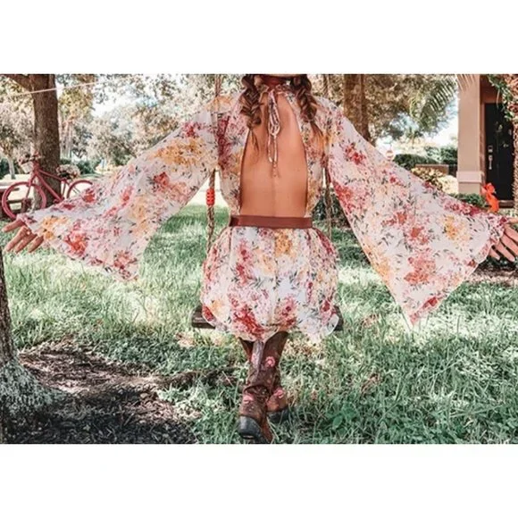 White Floral Print Chiffon Ruffle Long Flare Bell Sleeve Romper Playsuit Dress - Picture 7 of 8